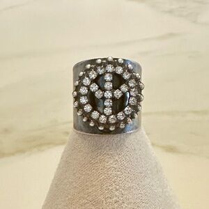 TOVA - Crystal Peace Sign Adjustable Wide Band Ring in Antique Silver